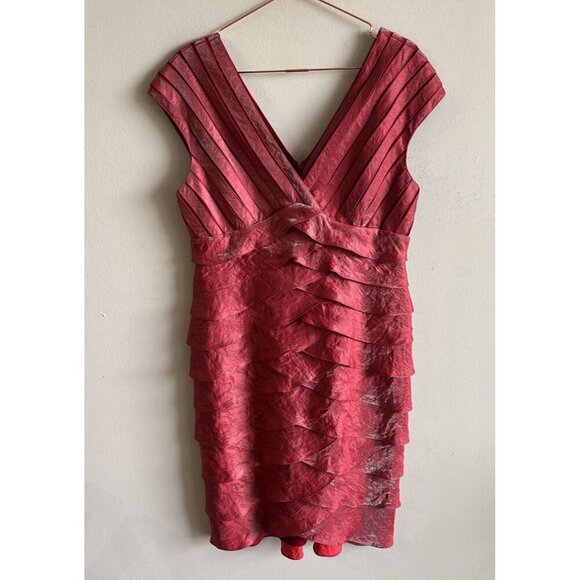 Adrianna Papell Women V Neckline Pleated Tiered Evening Dress Red Sz 14 - Picture 1 of 11